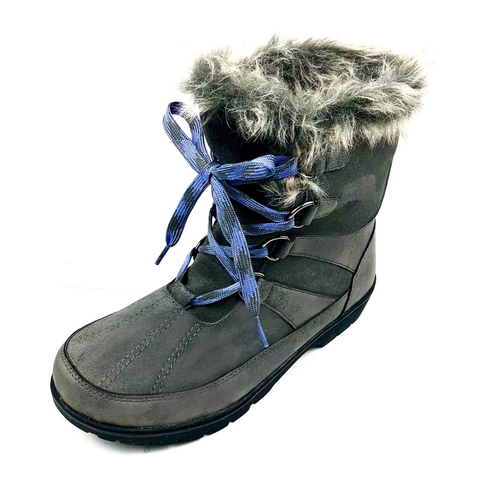 Merona Womens Gray Leather & Faux FurTrim Lace Up Winter Boots Size 9